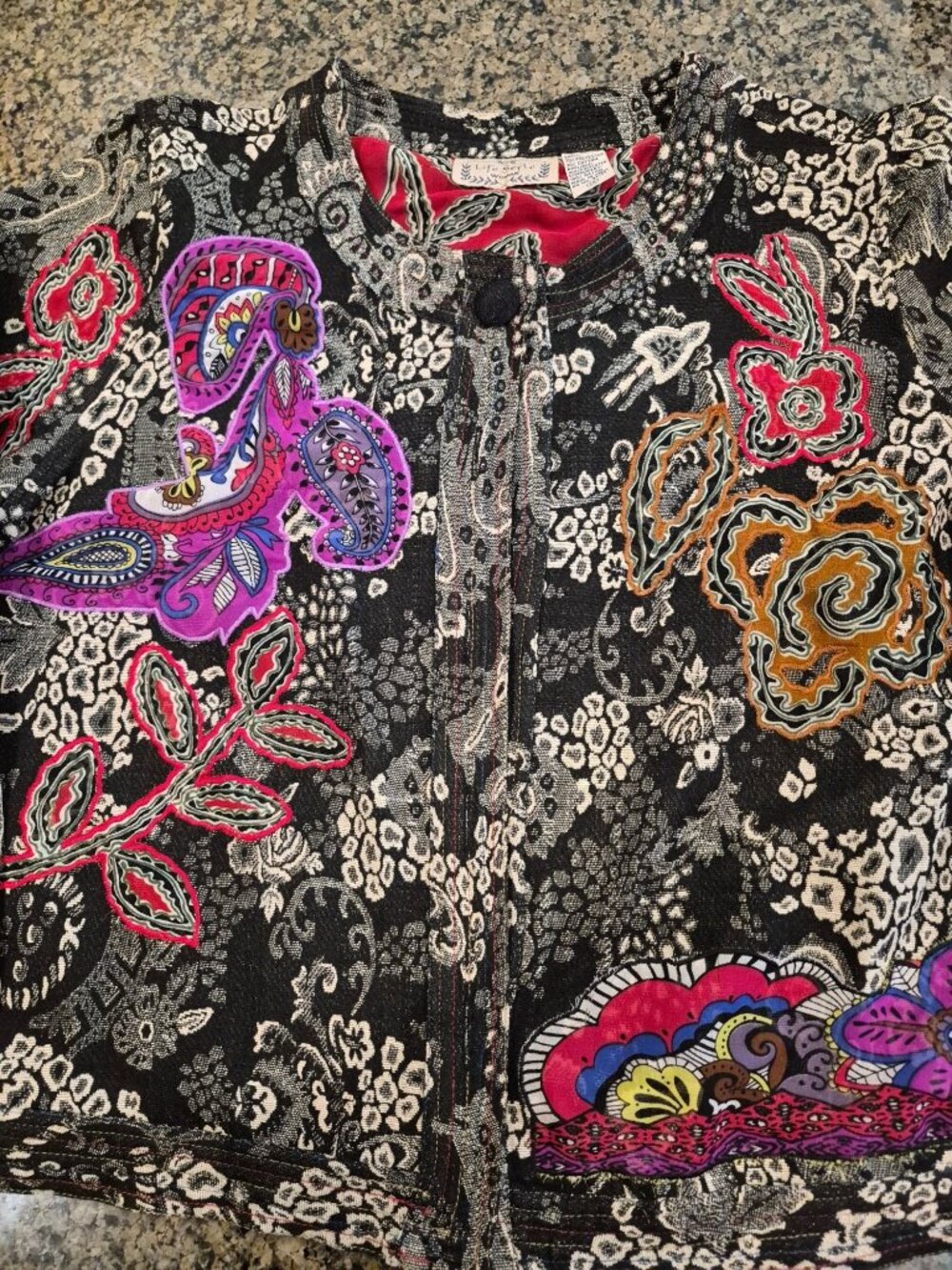 Life Style Womens 1X Black Floral Paisley Embroidered Jacket Appliqué READ COND!